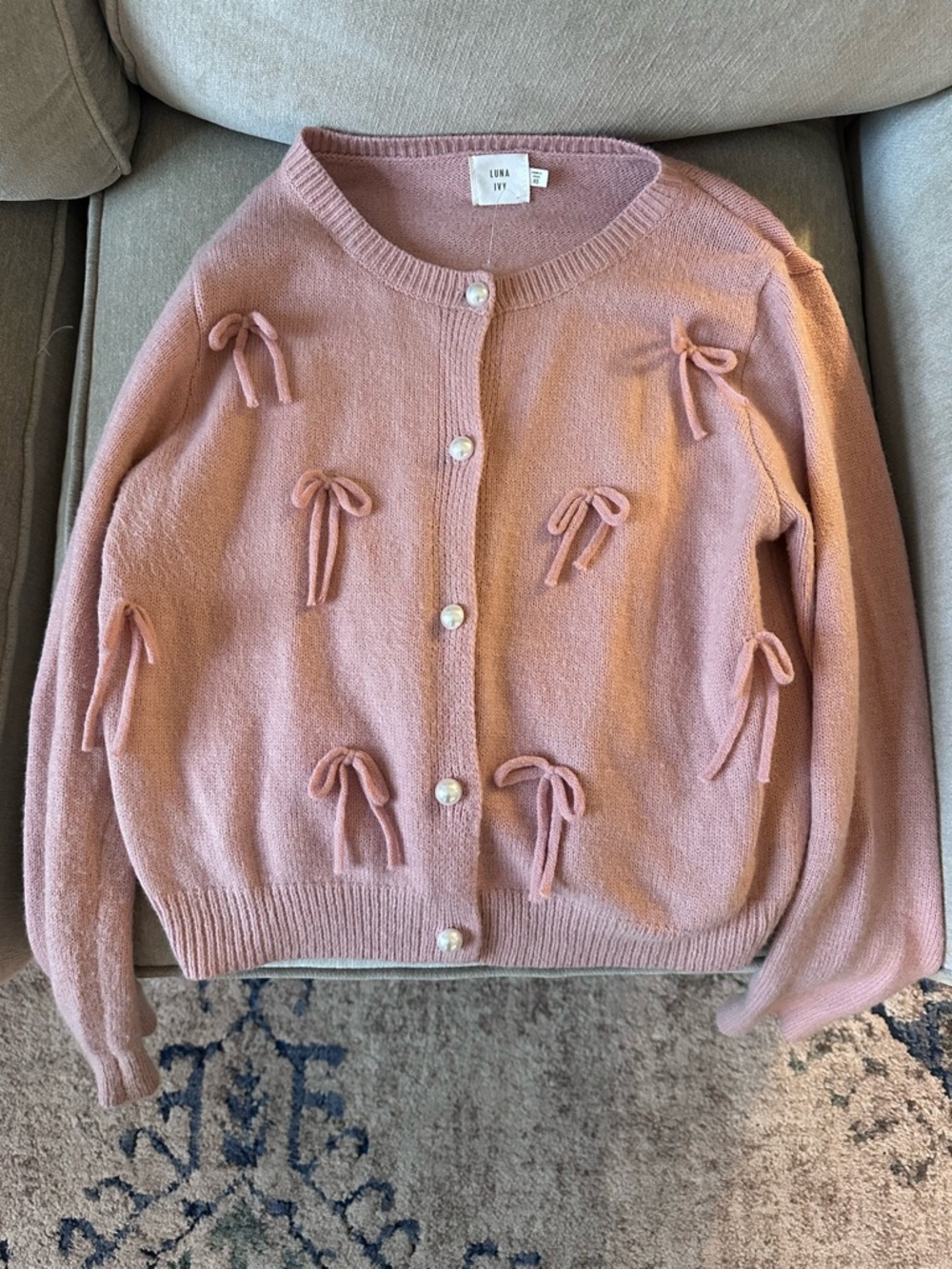Luna Ivy Pink Bow-Appliqué Button Cardigan